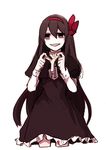  akemi_homura bags_under_eyes black_hair bow dress empty_eyes frilled_dress frills funeral_dress hair_ribbon hairband hanyae holding long_hair long_sleeves mahou_shoujo_madoka_magica purple_eyes red_bow red_ribbon ribbon sketch smile solo very_long_hair 