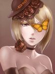  bad_id bad_pixiv_id bare_shoulders blonde_hair breasts brown_background bug butterfly choker cleavage flower hair_flower hair_ornament hat insect looking_at_viewer medium_breasts miu_(silvwhite) original pink_eyes rose short_hair solo 