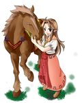  blue_eyes boots brown_hair dress epona horse long_hair malon nintendo ocarina_of_time plain_background pointy_ears smile the_legend_of_zelda the_legend_of_zelda:_ocarina_of_time youko_(pixiv25465373) 