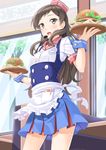  :o apron blush brown_eyes brown_hair burger_skater_(idolmaster) cowboy_shot food hamburger hat headset idolmaster idolmaster_million_live! kitazawa_shiho long_hair miri_(ago550421) skirt solo tray waitress wrist_cuffs 