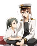  1girl admiral_(kantai_collection) bad_id bad_pixiv_id black_eyes black_hair brown_hair hair_ribbon hand_on_another's_head hat japanese_clothes kantai_collection kisetsu military military_uniform naval_uniform open_clothes open_shirt purple_eyes ribbon shirt sitting translated twintails uniform zuikaku_(kantai_collection) 
