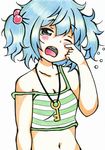  bad_id bad_pixiv_id bare_arms bare_shoulders blue_eyes blue_hair blush breasts chemise cleavage collarbone colored_pencil_(medium) hair_bobbles hair_ornament highres kawashiro_nitori meme-tan_(bana_nan26) messy_hair midriff navel off_shoulder open_mouth rubbing_eyes small_breasts solo strap_slip tears touhou traditional_media two_side_up waking_up 
