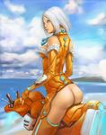  ass breasts cloud cloudy_sky cowboy_shot day detached_sleeves fingerless_gloves frill_trim from_behind gloves highres hover_bike looking_back medium_breasts narongchai_singhapand no_panties ocean orange_(color) orange_eyes original sky solo white_hair 