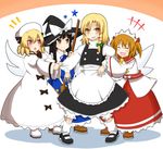  /\/\/\ 4girls :d :o ^_^ apron ascot black_hair blonde_hair blush bobby_socks boots bow bowtie braid broom brown_eyes closed_eyes dress drill_hair fairy_wings fenikkusu_takahashi hair_bow hat hat_removed headwear_removed headwear_switch hug kirisame_marisa loafers luna_child mary_janes multiple_girls nervous nervous_smile open_mouth orange_hair red_eyes shoes single_braid sleeve_tug smile socks star_sapphire sunny_milk sweatdrop touhou turtleneck two_side_up waist_apron wings witch_hat yellow_eyes 
