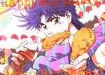  bottle coca-cola fingerless_gloves food fried_chicken geo-geo gloves happy_birthday jojo_no_kimyou_na_bouken joseph_joestar_(young) male_focus mouth_hold purple_eyes purple_hair scarf solo striped striped_scarf 