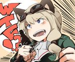  animal_ears blonde_hair blue_eyes blush bottle breaking carla_j_luksic cat_ears emphasis_lines fangs goggles goggles_on_head holding long_hair military military_uniform noble_witches shattering shiraba_(sonomama_futene) solo twintails uniform world_witches_series 