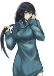  black_eyes black_hair blush breasts dress holding holding_hair large_breasts long_hair original ribbed_sweater sayamai_miyabi solo sweater sweater_dress turtleneck 