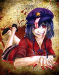  blood blood_from_mouth blood_on_face blood_splatter blue_hair clenched_teeth collared_shirt crossed_legs fingernails hat legs_up long_fingernails lying miyako_yoshika nail_polish ofuda on_stomach open_collar red_eyes red_nails shirt shoes short_hair skirt smile solo star stitches teeth toa_(kitakaze_setsuna) touhou 