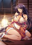  1girl blue_eyes blush breasts cleavage dark_skin ikkitousen japanese_clothes kan&#039;u_unchou large_breasts long_hair official_art purple_hair sitting smile solo yukata 