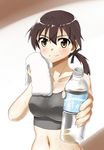  absurdres blush bottle breasts brown_hair gertrud_barkhorn highres hiroshi_(hunter-of-kct) large_breasts long_hair looking_at_viewer midriff outstretched_hand smile solo sports_bra strike_witches sweat towel twintails water_bottle world_witches_series 