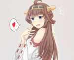  ahoge bad_id bad_pixiv_id bare_shoulders blue_eyes blush brown_hair detached_sleeves double_bun grey_background hairband headgear heart japanese_clothes kantai_collection karikura_(atatata71) kongou_(kantai_collection) looking_at_viewer nontraditional_miko ojou-sama_pose simple_background solo spoken_heart upper_body 