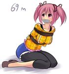  ankle_socks arms_behind_back bdsm blush bondage bound breast_bondage breasts capri_pants casual gag gagged improvised_gag kaname_madoka large_breasts leggings mahou_shoujo_madoka_magica maullarmaullar off-shoulder_sweater orange_shirt pants pink_eyes pink_hair shibari shibari_over_clothes shirt short_twintails sitting solo sweater tape tape_gag twintails wariza 