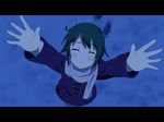  1girl ^_^ alternate_costume anime_coloring antennae arms_up boots cato_(monocatienus) closed_eyes commentary_request footprints green_hair jacket letterboxed non_non_biyori outstretched_arms parody reaching reaching_towards_viewer scarf short_hair snow solo style_parody touhou wriggle_nightbug 