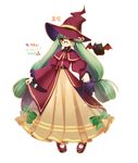  2014 bat bettols bow brown_eyes coat dress dungeon_and_fighter full_body glasses green_hair hat highres korean long_hair low-tied_long_hair mage_(dungeon_and_fighter) pince-nez shoes smile solo standing transparent_background twintails very_long_hair witch_hat yellow_dress 