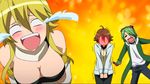  1girl 2boys akame_ga_kill! animated animated_gif blonde_hair blush bouncing_breasts breasts brown_hair cleavage embarrassed green_hair large_breasts laughing leone long_hair lubbock lubbock_(akame_ga_kill!) multiple_boys smile tatsumi_(akame_ga_kill!) tears 