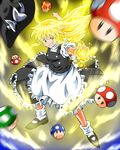  aura blonde_hair dragon_ball dragon_ball_z frilled_skirt frills green_eyes grin hat hat_removed headwear_removed highres kirisame_marisa mario_(series) motion_blur mushroom ohoho puffy_short_sleeves puffy_sleeves short_sleeves skirt smile smirk super_mario_bros. super_marisa_world super_saiyan touhou 