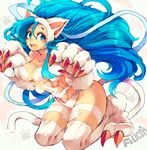  :3 animal_ears big_hair blue_eyes blue_hair breasts cat_ears cat_tail character_name claws fang felicia full_body fur iroyopon large_breasts long_hair open_mouth paw_pose paws smile solo tail vampire_(game) 