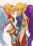  2girls black_wings blonde_hair blue_eyes breath_of_fire breath_of_fire_i breath_of_fire_ii capcom hairband hota_(29812) leotard long_gloves long_hair multiple_girls nina_(breath_of_fire_i) nina_(breath_of_fire_ii) plain_background short_hair simple_background thighhighs thighs wings 