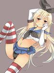  arm_behind_head black_panties blonde_hair blush brown_eyes elbow_gloves flat_chest gloves hairband half-closed_eyes hand_on_own_face highleg highleg_panties highres kantai_collection leg_lift long_hair looking_at_viewer microskirt navel ochazuke panties shimakaze_(kantai_collection) shirt_lift skirt skirt_lift solo striped striped_legwear thighhighs underwear 