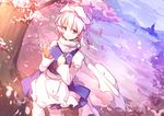  apron blue_dress cherry_blossoms cirno dress hat ice ice_wings juliet_sleeves lake letty_whiterock long_sleeves multiple_girls petals puffy_sleeves purple_eyes scarf scarlet_devil_mansion silver_hair smile touhou tree waist_apron white_scarf wings yetworldview_kaze 