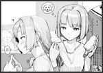  :o ? bangs black_border blush border brush collarbone eyebrows eyebrows_visible_through_hair fingers_together greyscale hair_brush hair_brushing hyuuga_(kantai_collection) indoors ise_(kantai_collection) kantai_collection long_hair looking_at_another mizusaki_(tengoku) monochrome multiple_girls parted_lips short_hair speech_bubble spoken_blush stuffed_animal stuffed_toy teddy_bear thought_bubble 