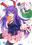  animal_ears black_legwear blazer blue_eyes bow bunny_ears cover cover_page hair_bow highres ishimu jacket konpaku_youmu konpaku_youmu_(ghost) long_hair multiple_girls necktie notebook purple_hair red_eyes red_neckwear reisen_udongein_inaba silver_hair touhou very_long_hair 