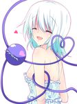  asn_s back bare_shoulders breasts chemise closed_eyes heart heart_of_string komeiji_koishi off_shoulder open_mouth sideboob silver_hair small_breasts smile solo strap_slip third_eye touhou underwear underwear_only upper_body 