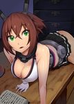  all_fours bare_shoulders blush book breasts brown_hair desk gloves green_eyes headgear highres kantai_collection large_breasts looking_at_viewer mutsu_(kantai_collection) nac000 open_mouth short_hair skirt solo thighhighs 