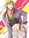  blonde_hair bloody_stream caesar_anthonio_zeppeli chikusawa facial_mark feathers hair_feathers headband jacket jojo_no_kimyou_na_bouken midriff purple_jacket 