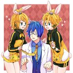  2boys akiyoshi_(tama-pete) animal_ears argyle argyle_background bandaid bandaid_on_nose blonde_hair blue_hair bunny_ears bunny_tail cat_ears collaboration collaboration_request commentary_request genius_(module) glasses headphones kagamine_len kagamine_rin kaito multiple_boys necktie open_mouth paw_pose paw_print project_diva_(series) project_diva_f short_hair smile stylish_energy_(module) tail vocaloid yellow_neckwear 