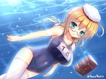  ahoge aqua_eyes blonde_hair book breasts covered_navel glasses hair_ribbon hat i-8_(kantai_collection) kane-neko kantai_collection large_breasts long_hair one-piece_swimsuit ribbon school_swimsuit solo swimsuit thighhighs translated underwater 