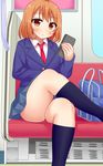  1girl bag breasts brown_eyes female medium_breasts miniskirt necktie orange_hair original sakaura sakaura_(layer255) school_uniform shirt short_hair sitting skirt socks solo thighs train 