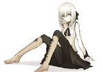  black_legwear blue_eyes boots cross-laced_footwear expressionless hair_between_eyes hair_ribbon kauto looking_at_viewer original pantyhose ribbon shadow short_hair sitting sketch skirt solo white_hair zinnia_silane 