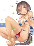  ahoge animal_ears armband bare_shoulders barefoot bikini blue_bikini breasts brown_eyes brown_hair cleavage collarbone elbia_hernaiman feet hands_on_own_chest highres large_breasts legs looking_at_viewer navel open_mouth outbreak_company short_hair sitting solo swimsuit tail tower underboob yuugen 