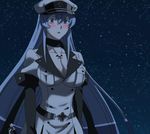  1girl akame_ga_kill! blush breasts colored_eyelashes esdeath esdese hat highres large_breasts long_hair night open_mouth solo square_enix standing stitched tattoo uniform very_long_hair 