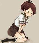  abe_kanari blush brown_eyes brown_hair hair_ribbon have_to_pee kantai_collection ponytail ribbon school_uniform serafuku shikinami_(kantai_collection) short_hair skirt 