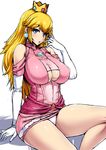  bare_shoulders blonde_hair blue_eyes blush breasts cleavage crown dress gloves ishimiso_(ishimura) large_breasts long_hair mario_(series) microdress panties parted_lips pink_dress princess_peach simple_background solo super_mario_bros. underwear white_background white_gloves white_panties 