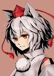  absurdres animal_ears bare_shoulders brown_background detached_sleeves hat highres inubashiri_momiji lips looking_away pom_pom_(clothes) red_eyes short_hair silver_hair simple_background smile solo tokin_hat touhou upper_body wolf_ears yekong 