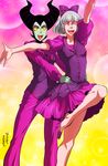  1girl bad_id bad_pixiv_id bow claude_frollo contemporary crossdressing crossover dancing green_eyes green_skin grey_hair hair_bow hands_on_another's_hips horns leg_lift maleficent marimo_(yousei_ranbu) one_man's_dream_ii open_mouth puffy_sleeves pumps purple short_hair sleeping_beauty the_hunchback_of_notre_dame yellow_sclera younger 