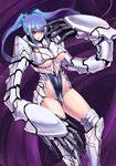  arm_guards armor armored_boots blue_hair boots breasts eyebrows_visible_through_hair groin highleg highleg_swimsuit ishimiso_(ishimura) knee_boots large_breasts leotard looking_at_viewer machinery mecha_musume mechanical_arms original red_eyes serious sidelocks skin_tight solo swimsuit thighs twintails underboob underboob_cutout 