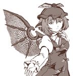  animal_ears bird_wings dress feathered_wings hat long_sleeves monochrome mystia_lorelei owlet short_hair simple_background solo touhou white_background wings 