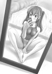  barefoot bed breasts butterfly_sitting cellphone competition_swimsuit covered_nipples greyscale highres large_breasts long_hair mirror monochrome one-piece_swimsuit original panties panties_removed phone reflection self_shot sitting solo swimsuit tk4 twintails underwear 