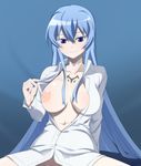  absurdres akame_ga_kill! blue_eyes blue_hair blush breast_slip breasts caryo collarbone dress_shirt esdeath groin highres large_breasts leaning_back long_hair naked_shirt nanashino navel nipples no_panties one_breast_out shirt smile solo tattoo unbuttoned very_long_hair 