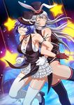  2girls breasts bunny_ears chouun_shiryuu eyepatch eyes_closed gloves green_eyes hat ikkitousen jewelry large_breasts long_hair looking_at_viewer mole multiple_girls necklace official_art ryomou_shimei short_hair smile standing thighhighs white_hair 