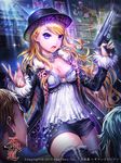  2013 2boys animal_print blonde_hair boots breasts cleavage earrings esphy fur_trim furyou_michi_~gang_road~ gem gun handgun hat jacket jewelry leopard_print long_hair medium_breasts multiple_boys necklace official_art open_mouth purple_eyes shorts solo_focus thigh_boots thighhighs wavy_hair weapon 