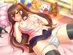  black_legwear blush bra bra_pull breasts brown_eyes brown_hair cowboy_shot groin hands_on_own_chest long_hair looking_at_viewer medium_breasts mizuse_kouichi nipples on_bed open_clothes panties panty_pull skirt solo stuffed_animal stuffed_toy thighhighs underwear 