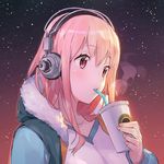  ddal drinking headphones long_hair nitroplus pink_eyes pink_hair shiny shiny_hair sky solo star_(sky) starry_sky super_sonico winter_clothes 