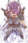  angry aura bleeding blood blood_from_mouth blood_in_mouth blood_on_face bloody_clothes boots breasts clenched_hand commentary_request constricted_pupils eyepatch fingerless_gloves full_body gloves holding holding_sword holding_weapon injury kantai_collection large_breasts messy_hair perspective purple_hair screaming short_hair simple_background skirt solo sword tenryuu_(kantai_collection) thighhighs torichamaru torn_clothes turret weapon white_background yellow_eyes zettai_ryouiki 