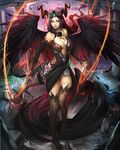  black_hair black_wings blue_eyes breasts cleavage demon_girl demon_horns dress gown horns jewelry large_breasts lightning lipstick long_hair makeup narongchai_singhapand solo temple water wings 