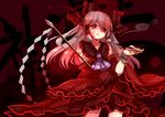  ascot bow bracelet dark_persona detached_sleeves dress facial_tattoo gohei hair_bow hair_tubes hakurei_reimu jewelry light_trail long_hair long_sleeves maga-reimu pipe red_dress red_eyes silver_hair solo tattoo touhou wide_sleeves yetworldview_kaze 